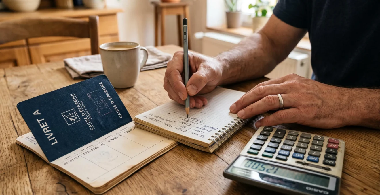 Des mains comparent un livret A et un calcul de rendement sur une table.