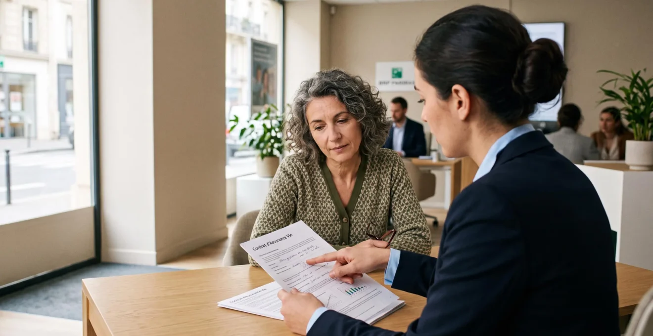 Un conseiller bancaire explique un contrat d'assurance vie à une cliente.