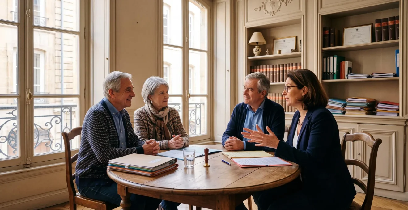 Un couple senior échange avec un professionnel sur la transmission de son épargne.