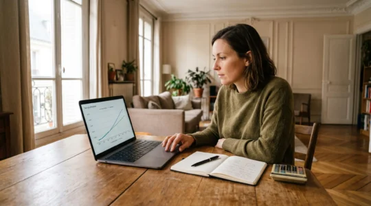 Une femme simule le rendement de son assurance vie sur un ordinateur portable.